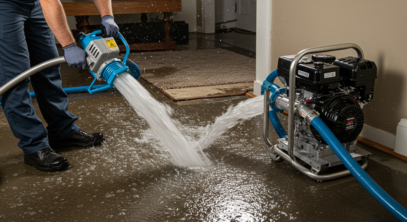 A dynamic scene of water extraction in progress, featuring a powerful pump removing water from a residential basement. The technician is focused on the task, and the background includes wet carpets and equipment.