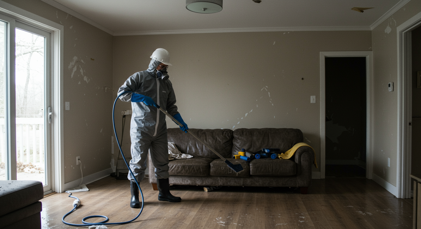 A professional restoration technician in protective gear actively cleaning a water-damaged living room, showcasing the restoration process.