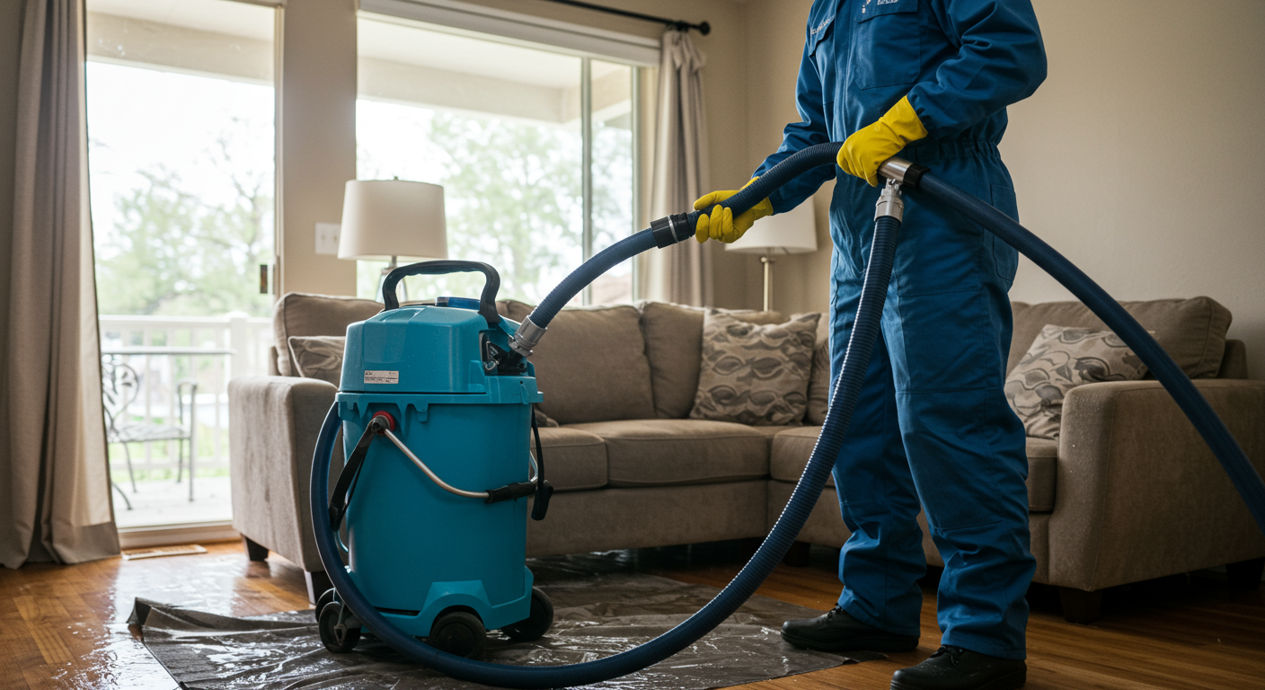 A professional technician in protective gear using specialized equipment to extract water from a flooded living room.