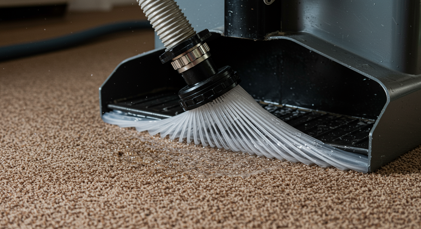 A close-up of a water extraction machine in action, with water being suctioned from a carpet. The focus is on the machine's powerful suction and the water being removed, emphasizing the effectiveness of the restoration process.