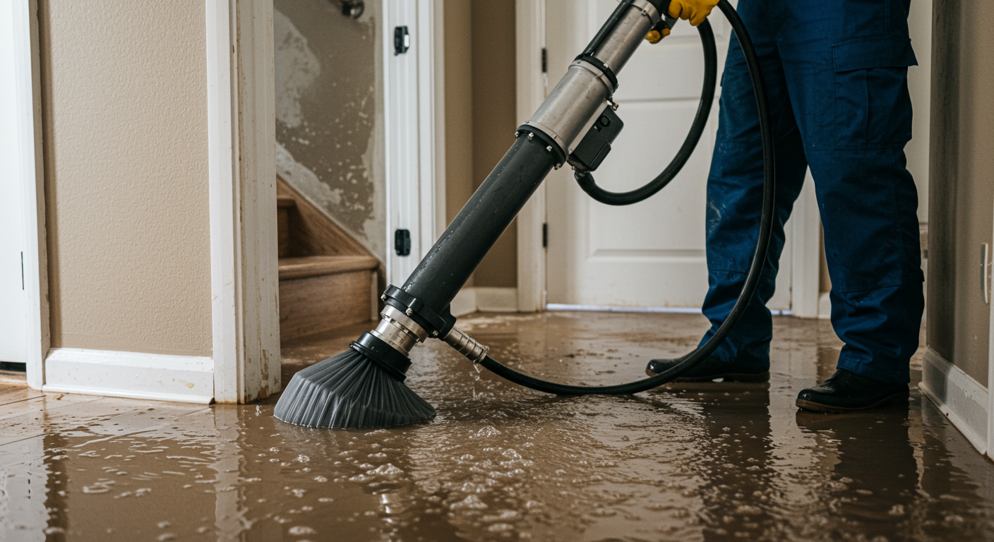 A close-up shot of a restoration technician using a powerful water extraction machine in a flooded area of a home.