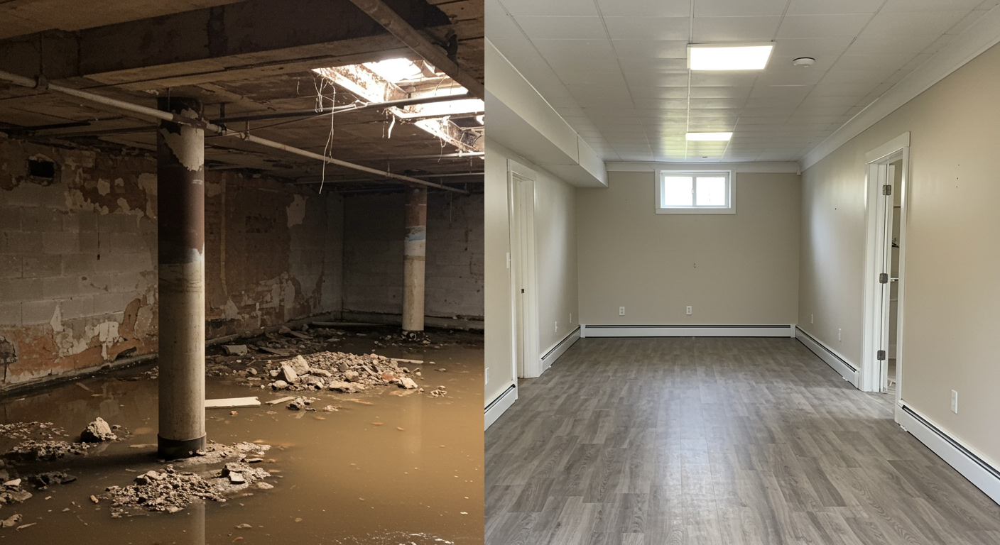 A split image showing a basement before and after restoration. The left side depicts a flooded, damaged basement, while the right side shows a clean, restored space with dry walls and new flooring.