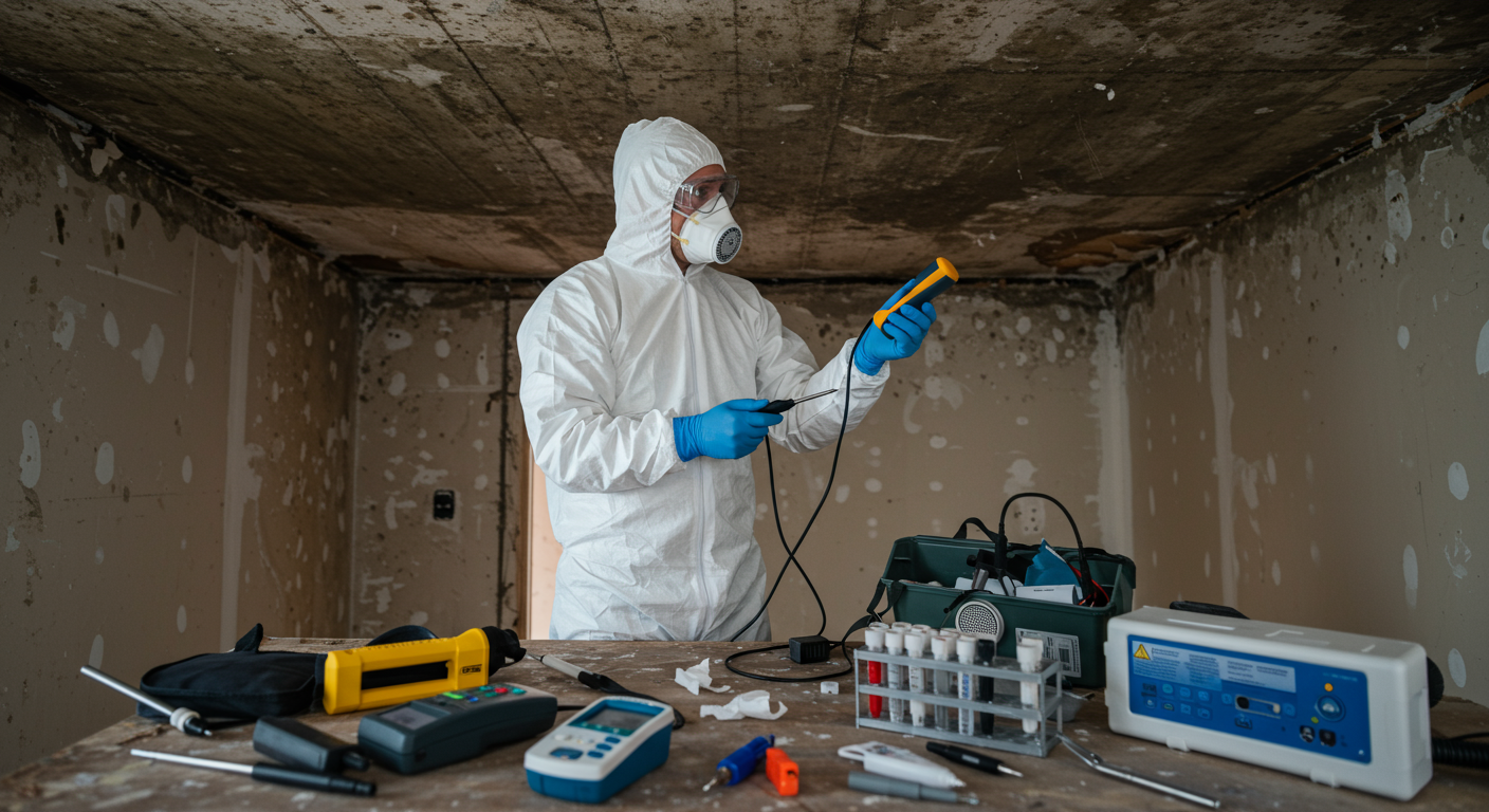 A technician in protective gear inspecting a mold-affected area in a home, with tools and equipment visible.