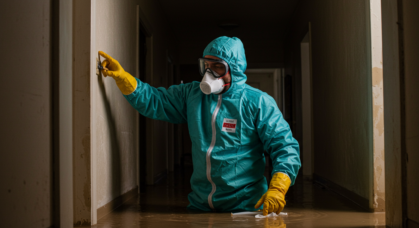A restoration professional demonstrating safety measures, such as wearing gloves and a mask while inspecting a flooded area. The focus is on the importance of safety in restoration work.